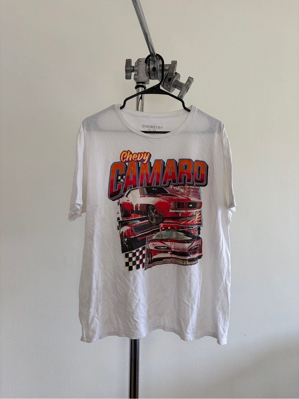 Chemistry White Tee with Red Chevy Camaro Graphic